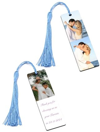 PiercingJak Personalisiertes Lesezeichen mit Foto und Text Blaue Quasten Holz Buchzeichen Bookmark Buch Zubehör Individuelle Geschenke für Freunde Partner Familie Lehrer Kollegen Schüler, 94mm