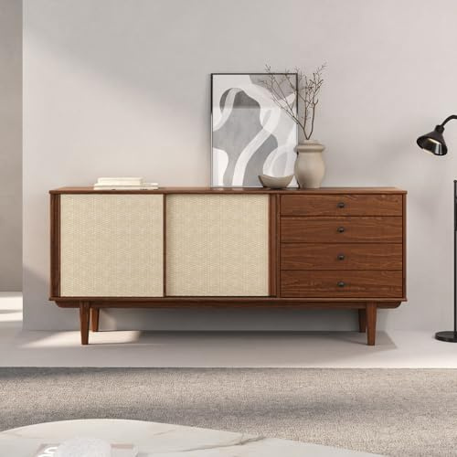 IDIMEX Sideboard Simona mit Rattan-Geflecht 175cm, kastanien Optik – 4 Schubladen und 2 Schiebetüren, Flurkommode mit Einlegeboden, Wohnzimmer