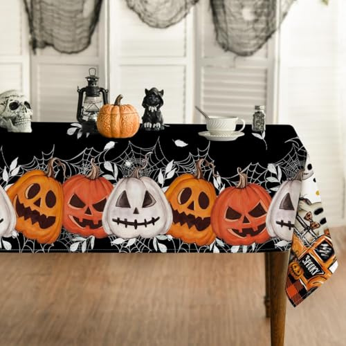 Artoid Mode Schwarz Spinnennetz Blätter Kürbisse Halloween Tischdecke 140x110 cm, Spinnen Fleckschutz Tischwäsche Küche Dekoration Party Dekor