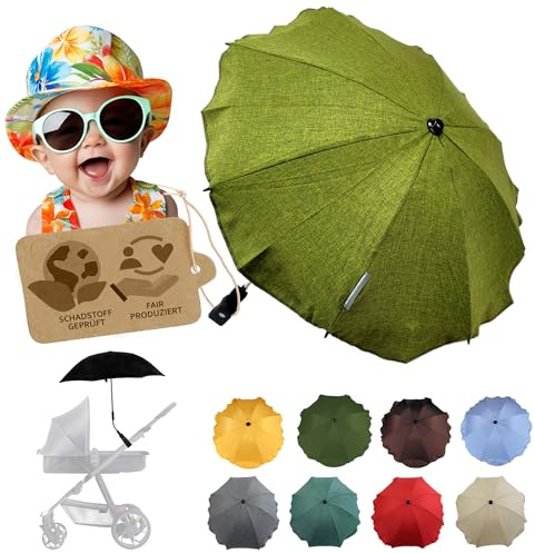Sonnenschutz universal Sonnenschirm für Kinderwagen Buggy (mel dunkelgrün) | UV Schutz 50+, Universalhalterung, biegsamer Schirm, für Rund- und Ovalrohre, verstellbar