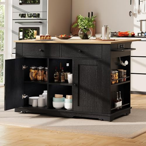 Oslghy Isla De Cocina, Carro de Cocina con Encimera Extensible, Mueble Auxiliar de Salon con Ruedas y Tomas de Corriente, Mueble Buffet con Cajones y Puertas, 151.5x59.7-84.7x91.7cm (Negro)
