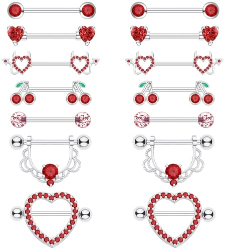 BSJ4U 7 Pairs Nipple Piercing Jewelry 14G Stainless Steel Red Nipple Rings for Women Cute Heart Cherry Nipple Barbells