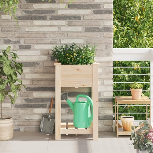QJBSAVVA Fioriera da Giardino Rialzata con Ripiano in Legno Massello di Pino 45x45x76.5 cm per Piante da Balcone Esterno Interno Design Rustico Beige Quadrato