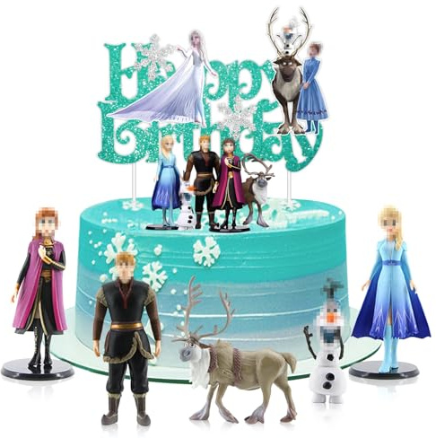 LETSHOLD El-sa Tortendeko mit Figur, Eiskön-gin Kuchen Deko, Geburtstagsparty Deko, Cake Topper Geburtstag, Happy Birthday Topper, für Mädchen Geburtstagsdeko