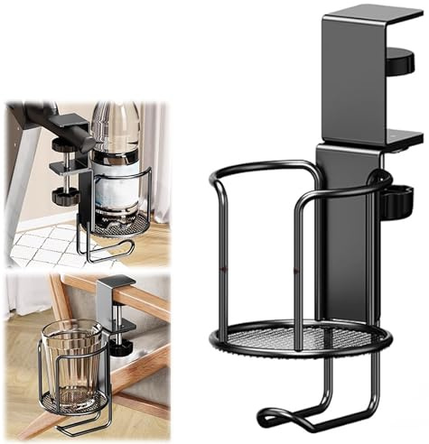 Giratorio Soporte Taza Escritorio con Gancho, Ajustable Portavasos de Escritorio Porta Metal Portavasos Antiderrames Universal portavasos Abrazadera Clip para Escritorio Hogar Oficina, 1 Pieza, Negro