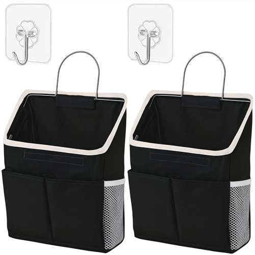 2 Stücke Hängende Aufbewahrung Organisatoren, Faltbarer Leinenstoff Korb mit Taschen, mit 3 Fächern Wasserfeste Wandoberhängetaschen, Hängeorganizer für Zuhause,Badezimmer 30.5 x 23.5 cm Schwarz