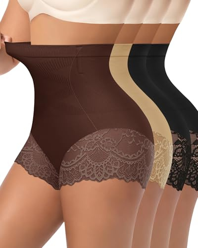 MIOTAN Culotte Femme Gainante Ventre Plat Taille Haute Lot de 4 | 2 baleines en acier, effet gainant moyen, rehausse les fesses, dentelle douce, extensible, respirant, après accouchement