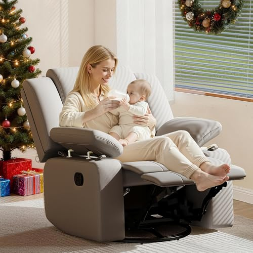 AILEEKISS Rocking Chair Nursery Swivel Recliner Glider Chair with Adjustable Armrests,Headrest Rocker Nursing Chair for Breastfeeding Comfy Upholstered Living Room Reclining Chairs for Bedroom(Grey)