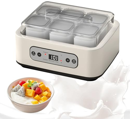 Joghurtbereiter, 1.5L Automatischer Digitaler Joghurtmaschine mit 6 Gläsern, Joghurtmacher mit Timer und Temperatursteuerung, Joghurt Maker für Griechischer Joghurt, Käse, Natto, Reiswein (Weiß 1,5L)