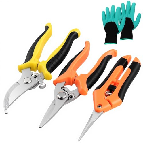 HONYUET 3-delad sekatör set med handskar, 19/16,5/18 cm rostfritt stål svart orange gul rossax blomsax planteringssax Gardena trädgårdssax, för trädgård fruktodling vin
