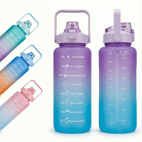 Glac Store Borraccia Motivazionale da 2L con Cannuccia e Scala Temporale, Bottiglia Sportiva a Prova di Perdite con Maniglia Portatile, 33x11 cm, 217g (Viola e Blu)