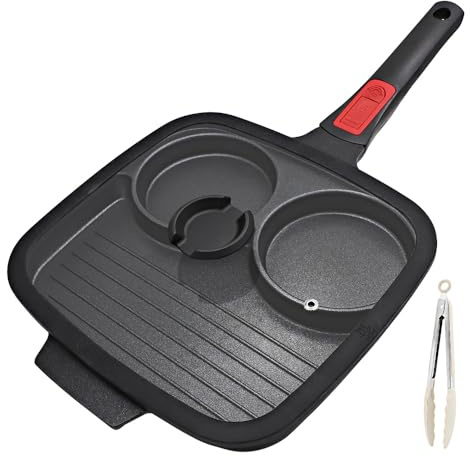 Bobikuke Padella Pancake 3 Fori 26 cm con Coperchio, Nero | Tre scomparti per cuocere insieme uova, carne e contorni; coperchio e rivestimento antiaderente.