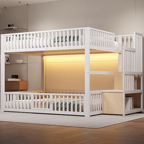 Xwiny Kinderbett 90x200 cm mit LED-Beleuchtung und Stauraumleiter, Hochbett mit Treppe Stauraum, Im unteren Bett Befindet Sich Eine Kleine Tür, Etagenbett(Ohne Matratze) (Weiß, 140x200 cm)