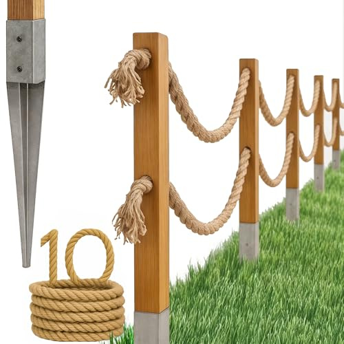 Bogateco Holzzaun Doppel-Seilzaun 10m | Komplettes Absperr-Set mit Juteseil 30mm & Holzpfosten | Imprägniertes Holz inkl. Einschlaghülsen für Erdreich | Hellbraun