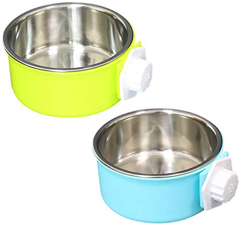 SLSON Pet Crate Bowls 2 Pack Dog Cage Hanging Bowl Removable Double Feeding Bowls for Pet Stainless Steel and Plastic Feeders for Dogs Cats Small Animals, Blue and Green