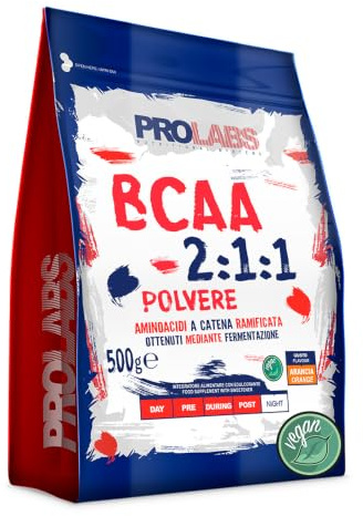 PROLABS – Bcaa Aminoacidi Ramificati Polvere 2.1.1, Amminoacidi 100% Vegan con Vitamina B6, B1 e L-Leucina (2 parti) Crescita e Recupero Post, Intra e Pre Workout, Integratore Sportivi, Arancia, 500g