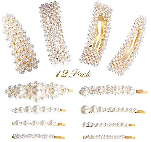 Pearl Hair Clips for Girls Women Ladies, 12pcs Pearl Barrettes/Bobby Pins/Snap Clip/Hair Slides for Prom Party Wedding, Elegant Handmade Hair Accessories,White & Gold