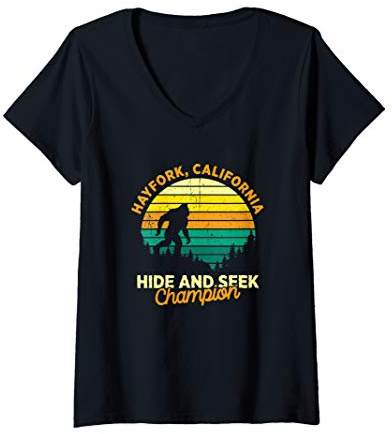 Womens Retro Hayfork, California Big foot Souvenir V-Neck T-Shirt