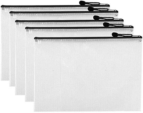 Mesh Zipper Pouches - Zipper File Bags/Waterproof Document Bags/Plastic Wallets/File Folders for School Driving Test/Office Receipts/Household Bills/Travel Storage (Black, A4(5PCS))