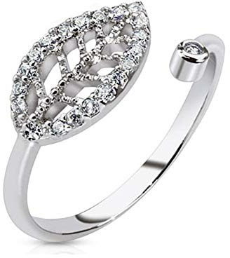 Paula & Fritz® Ring Damen Verstellbar Blatt Silber Zirkonia Klar 316L Chirurgenstahl Zehenring Mittelring Partnerring Einstellbarer-Ring Damenring