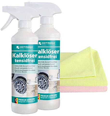 HOTREGA Kalklöser tensidfrei 2x 500 ml inkl. 2x Microfasertuch - Entkalker, Badreiniger, Kalksteinentferner, Kalkreiniger