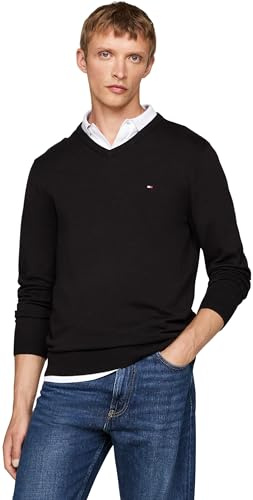 Tommy Hilfiger Pull Homme Essential Cotton Col en V, Noir (Black), XL