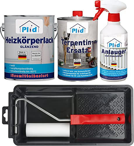 PLID® Heizkörperlack lösemittelhaltig Thermolack Metalllack Heizkörperfarbe Lack Farbe für heizkörperverkleidung schnelltrocknend 2in1 hitzebeständig 80° Glänzend Weiß Terpentinersatz 2,5l Premium Set