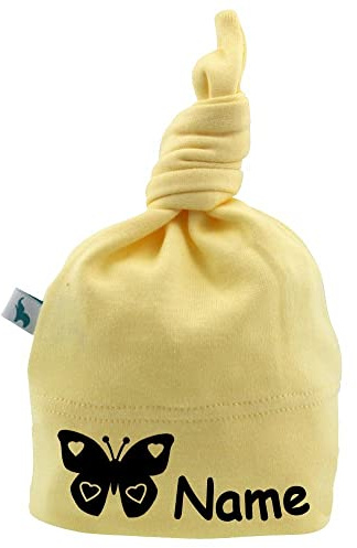 Baby Knotenmütze Schmetterling personalisiert mit Namen aus Baumwolle div. Farben Gelb 43 (ab 6 Monate)