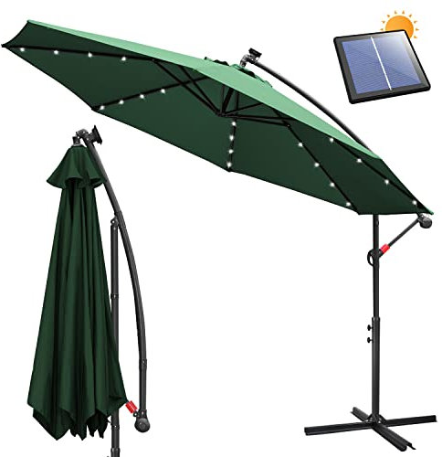 Sonnewelt Sombrillas terraza grandes 350cm de diámetro con LED solar, sombrilla con manivela, Parasol jardin de aluminio, protección UV, con soporte, parasol excentrico, impermeable (Verde)