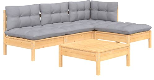 vidaXL Kiefernholz Gartenmöbel 5-TLG. mit Grauen Kissen Ecksofa Mittelsofa Fußhocker Tisch Sitzgruppe Sofa Lounge Garten Garnitur Gartenset Gartensofa