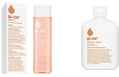 Bi-Oil HautpflegeÖl Spezielles Pflegeprodukt für Narben Dehnungsstreifen 200 ml + Body Lotion | Feuchtigkeitsspendende 2-Phasen Body Lotion mit Öl | vegan | 250 ml