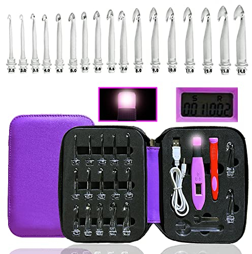 Knitiss Crochet Hooks Light up Crochet Hook Set 17 Sizes Digital Crochet Hooks with Counter 2.50~14.0mm