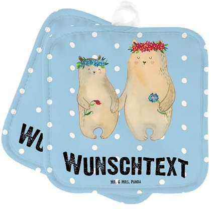 Mr. & Mrs. Panda Personalisierte Topflappen Bären mit Blumenkranz - Geschenke, Set Personalisiert, Namensaufdruck, Vorbild, Bruder, Personalisierter Ofenhandschuh, Namen, Family, Kinder, Mutter