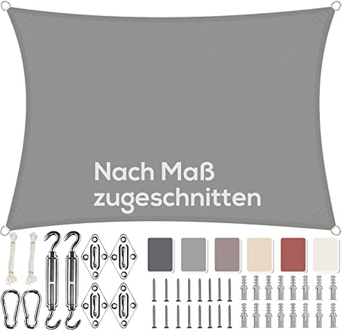 Sonnensegel Rechteckig Wasserdicht im Viele Größe und Farben, 1x2m | Hellgrau, mit Befestigungs Kit, Sonnenschutz, UV Schutz 95%, 100% Polyester, Reißfest, Wetterfest, für Terrasse Garten