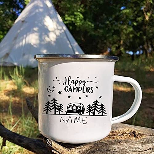 Tazza Da Campeggio Personalizzata Con Il Tuo Nome-Fai Da Te Happy Campers Campfire Tazze Smaltate,Tazze Glamping Personalizzate Matrimonio Camper Maniglia Caffè Vino Tazza Regali,White,360Ml