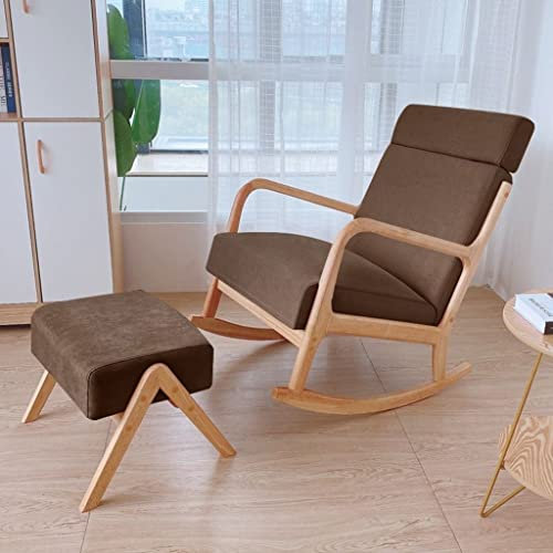 Massivholz-Schaukelstuhl, passender Fußhocker, fauler Rückenlehnenstuhl, Liegestuhl, bequemer Kinderzimmer-Schaukelsessel, moderner Mid-Century-Schaukelstuhl aus Stoff (Farbe : Braun,