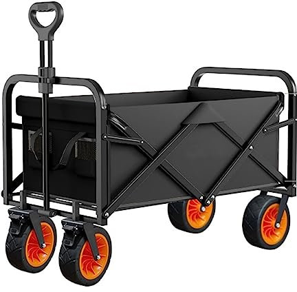 WRJAHCG Schwarz Bollerwagen Faltbar,Faltbar Garten Handwagen Breite Reifen Transportwagen Mit Seitentasche Campingwagen Verstellbarem Griff Mit Bremse Und Tragkraft 150Kg