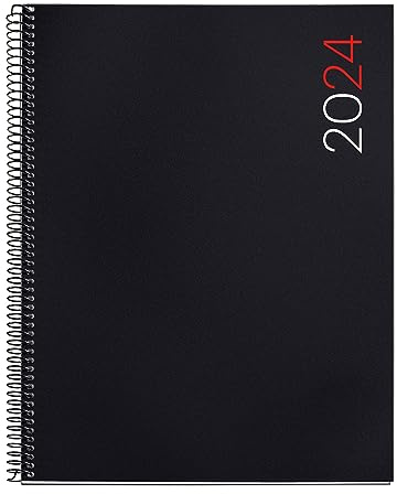 Miquelrius - Jahresplaner 2024, Wochenansicht, vertikal, Größe Pro 210 x 270 mm (ähnlich A4), flexibler Einband aus Polypropylen, Spiralbindung, Spanisch, Englisch und Portugiesisch, Schwarz