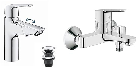 GROHE Start - Einhand-Waschtischarmatur & BauEdge - Badewannenarmatur (integriertes Rücklaufventil, automatische Umstellung für Badewanne und Dusche, kratzfest), chrom, 23334000