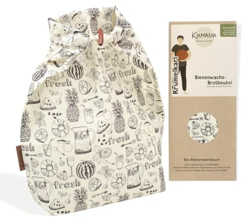Kumanu | Bio-Bienenwachstuch - Brotbeutel KRÜMELKARL | H 35cm x B 29cm | mit Standboden und Verschluss |natürlich und plastikfrei frischhalten | handgemacht in Tirol (Fresh)