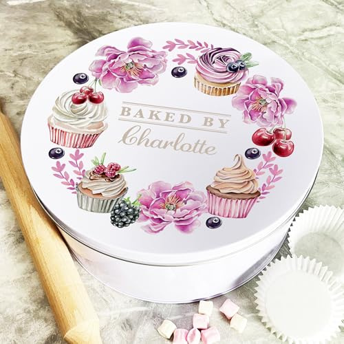 Personalized Round Wreath Berries & Flowers Baked Treats Tin | Custom Cookie and Cake Container | Gift for Her and Him