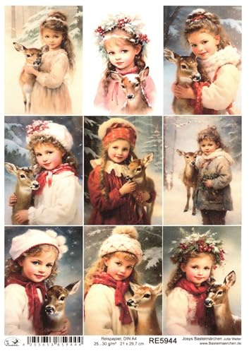 Josys Bastelmärchen Reispapier A4 Strohseide Weihnachten Vintage Engel Engelchen Kind Rehkitz RE5944