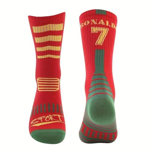 EZB Cristiano Ronaldo Socken für Herren, Fußballspieler, Sternenname und Nummer 7, Größe 36-40, zweifarbig, gestreift, Ronaldo Socken