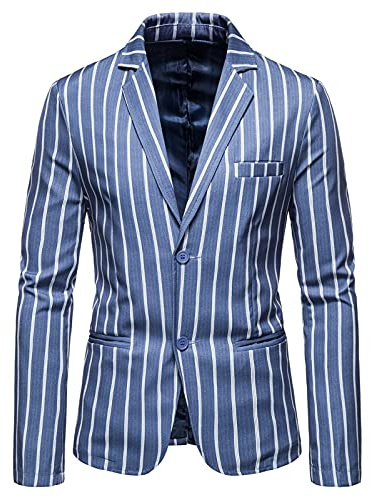 pvucpot Giacca Da Uomo Blu Righe Bianche Due Bottoni Casual Slim Fit Sposo Cantante Costume Formale Business Cappotto Autunno Blazer