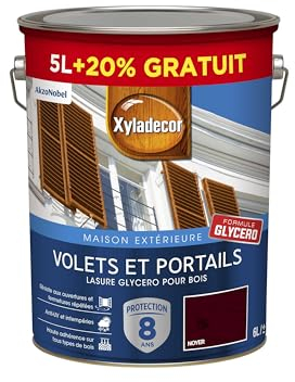 Xyladecor - Lasure Protectrice pour Bois Extérieur Glycéro - Volets, Portails, Portes, Fenêtres - Couleur : Satin Noyer - Quantité : 5L plus 20% gratuit