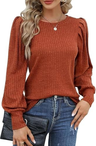 Hotouch Blusa de Mujeres Elegante Jersey Fino con Mangas abullonadas Cuello Redondo Manga Larga Tops Casual Otoño Túnicas Tops Caramelo M