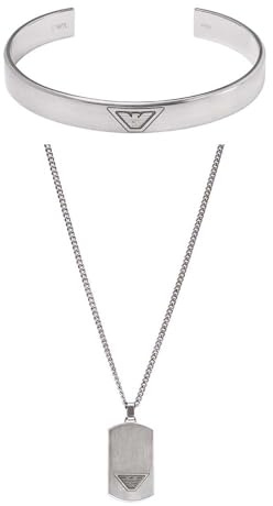 EMPORIO ARMANI Bracciale e Collana da Uomo in Acciaio Inossidabile Argento, Set