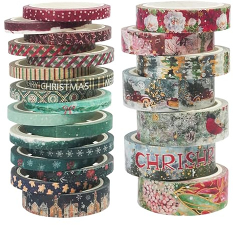 Fyfjur 24 Rollen Washi Tape Weihnachten Set Selbstklebendes, Klebeband Retro für DIY Handwerk, Scrapbooking, Geschenkverpackung (3 Größen)