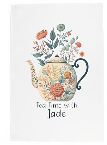 Purely Home Personalised Teapot Tea Towel - Vintage Customisable Tea Time Gifts for Her - Panama Cotton Kitchen Dish Towel/Drying Cloth - 67cm x 45cm Present