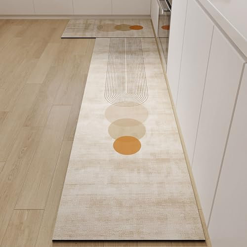 Hixingo Tapis Cuisine Antidérapant, Absorbant Diatomite Tapis de Cuisine, Lignes Géométriques - Tapis Cuisine Devant Evier Lavable Tapis de Bain Tapis Vaisselle Tapis Douche (50x150cm,Kaki Beige)